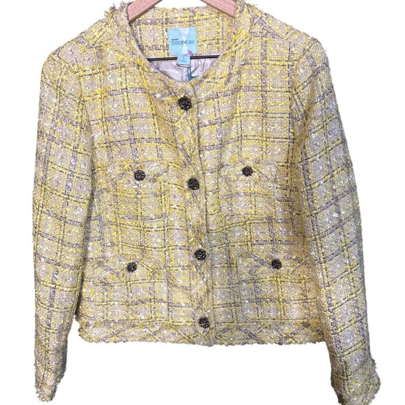 New Old Navy Studio Spotlight Yellow Tweed Cropped Jacket With Black Buttons Lin - Picture 1 of 5
